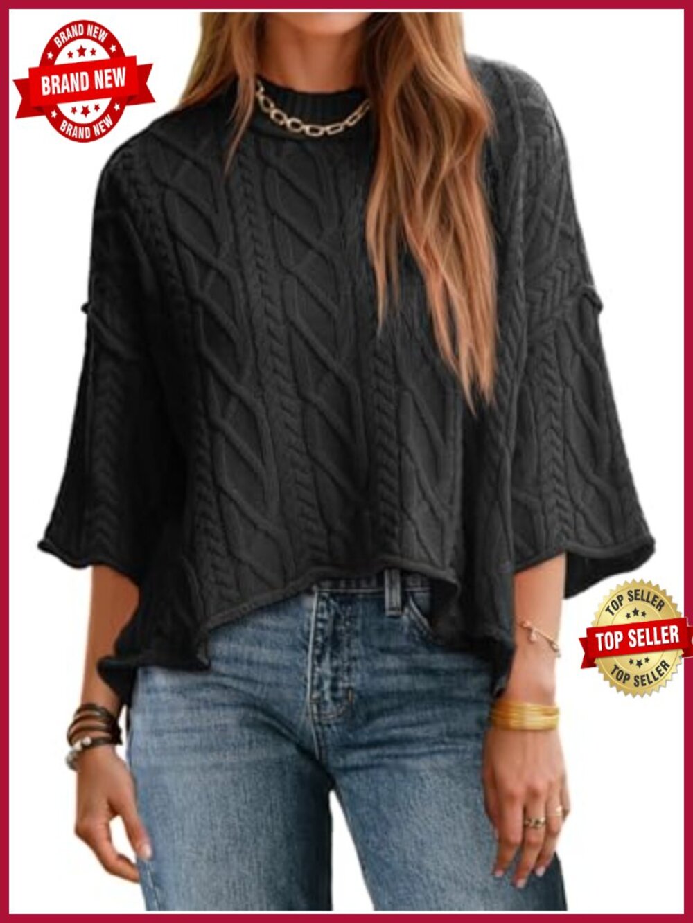 Cable Knit Cropped Sweater 3/4 Sleeve Oversized Pullover